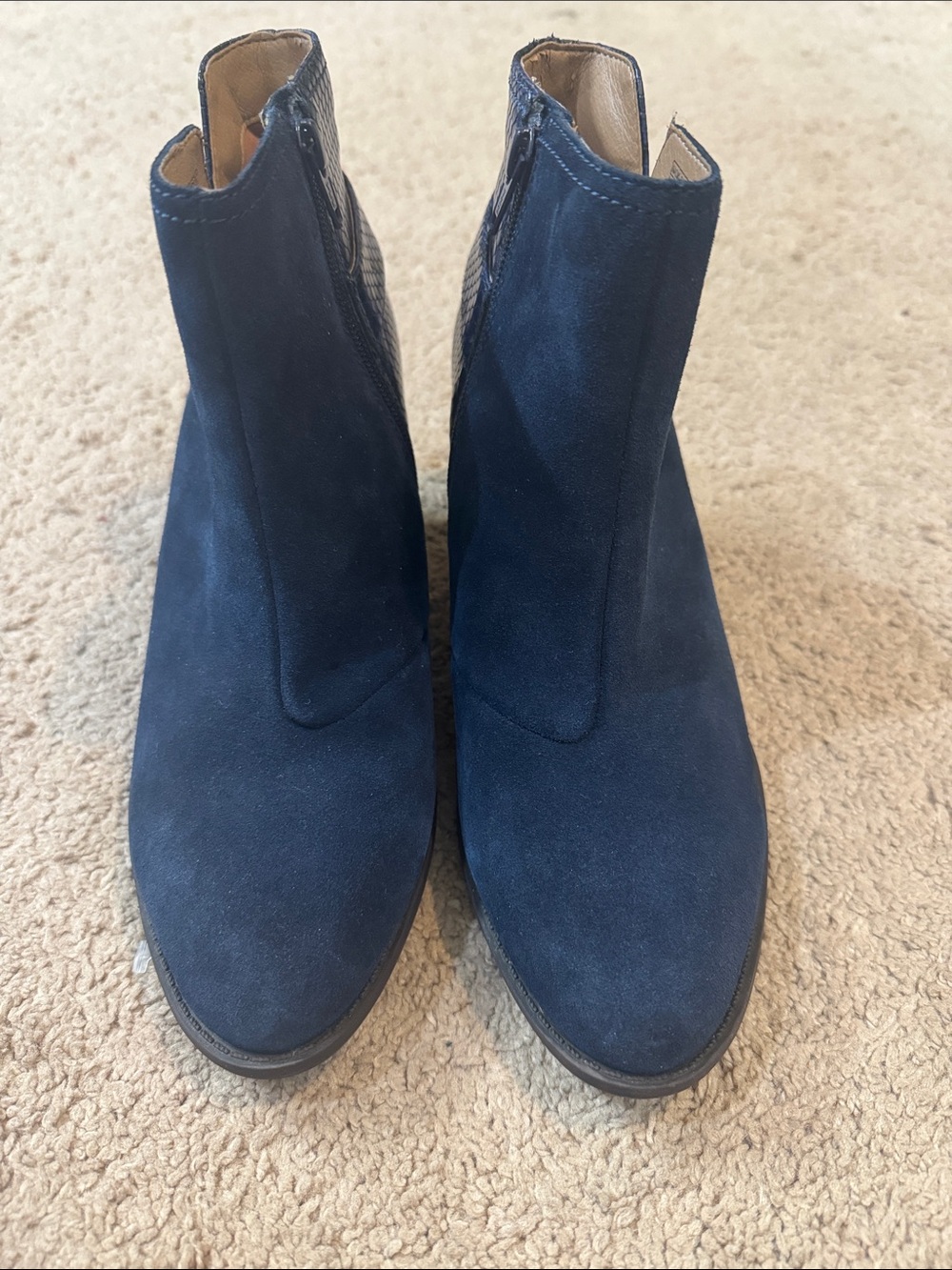 Vionic Navy Suede Ankle Booties with Croc-Embossed Heel Panel
